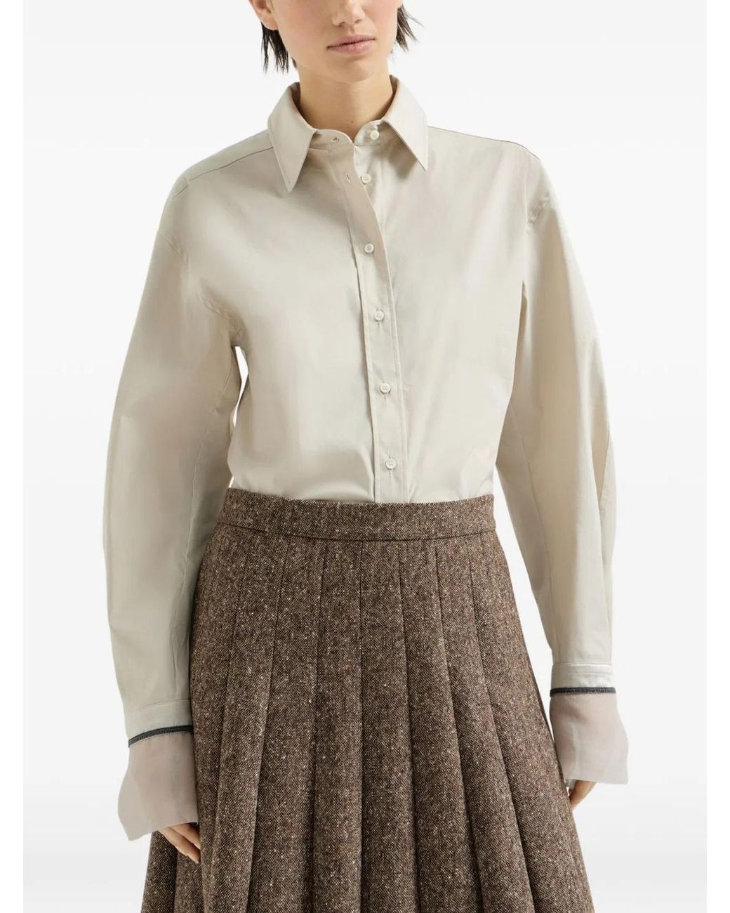 Brunello Cucinelli White Stretch Cotton Poplin Shirt Featuring Shiny Silk Cuffs And Monili Embroidery