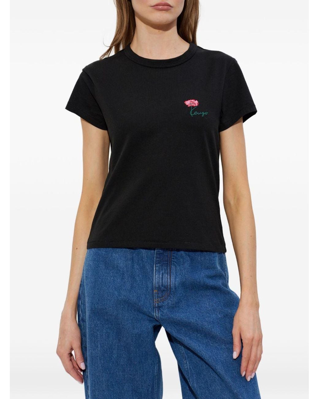 KENZO Black Small-Fit Embroidered Cotton T-Shirt With Tulip' Print