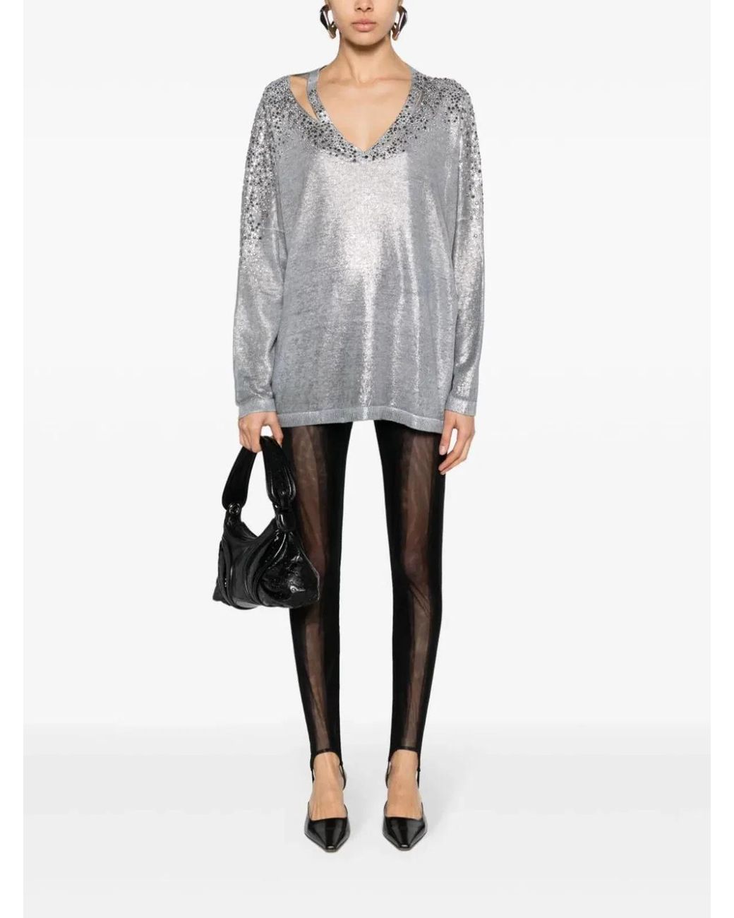 Avant Toi Gray Linen Cotton V-Neck Pullover With Lamination And Strass