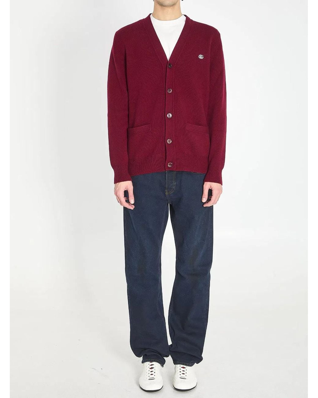 Gucci Red Cashmere Wool Cardigan With Embroidery for men