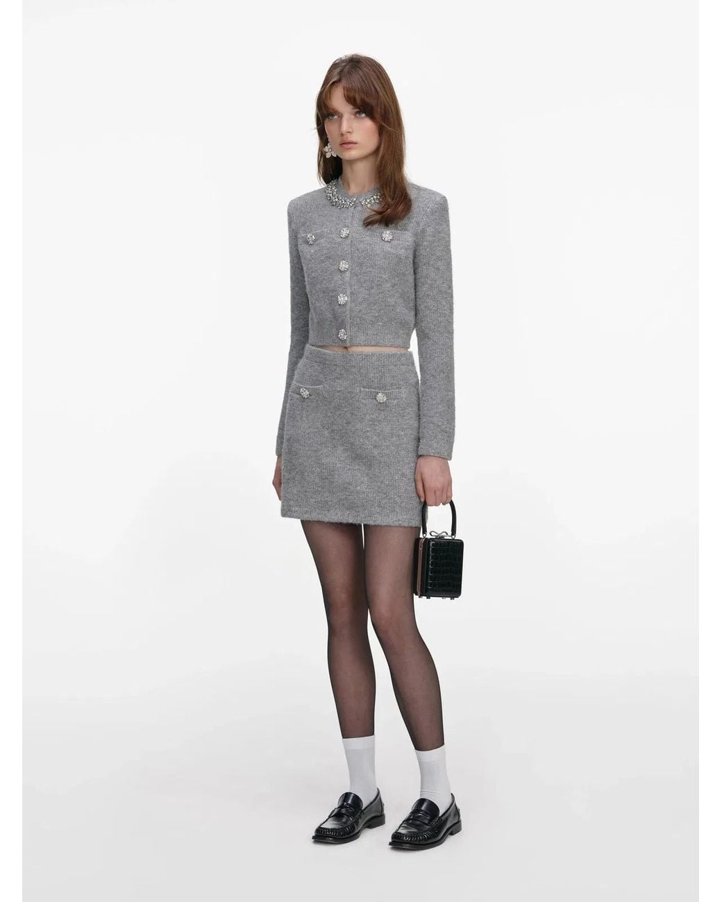Self-Portrait Gray Fluffy Knit Mini Skirt