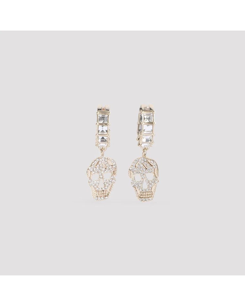 McQueen White Pale Strass Pavè Skull Earrings