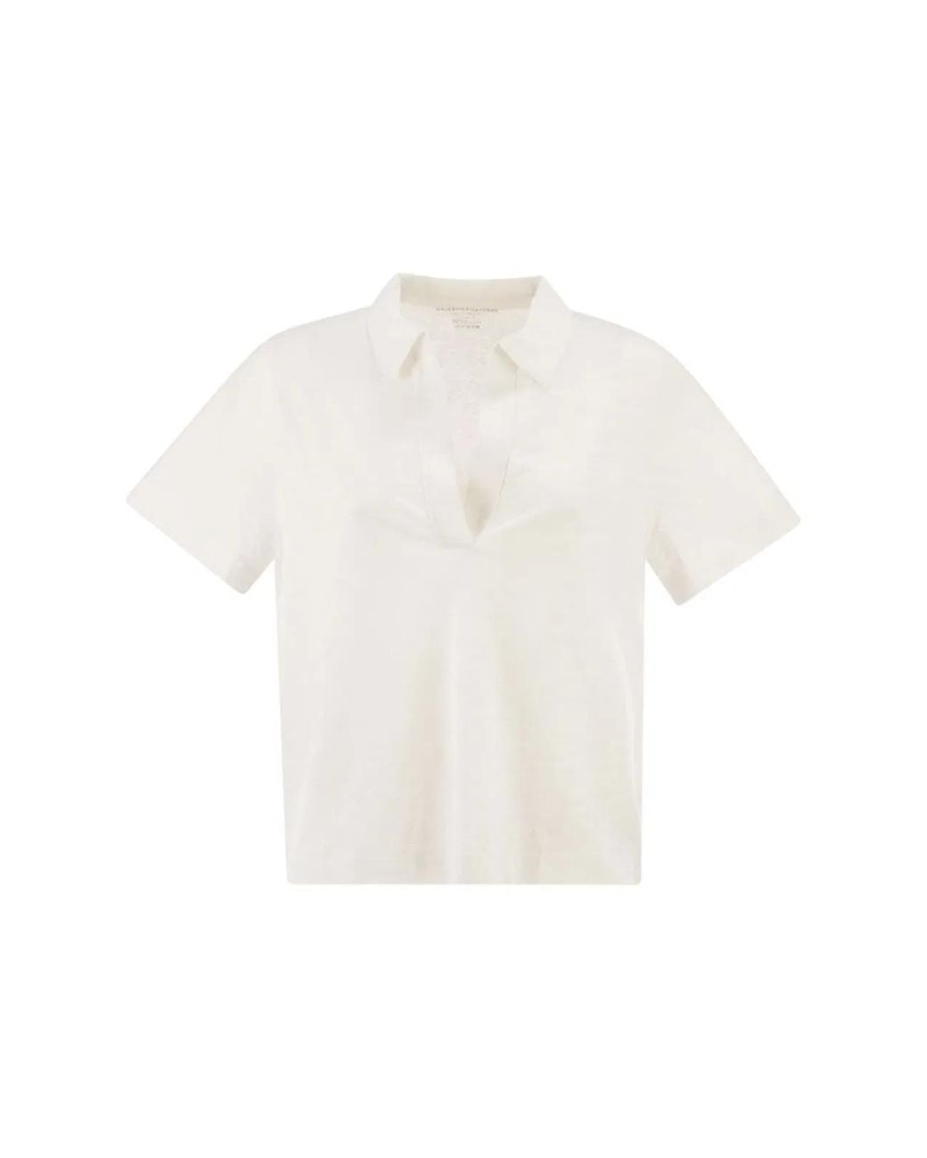 Majestic White Cropped Linen Stretch Polo With V-Neck