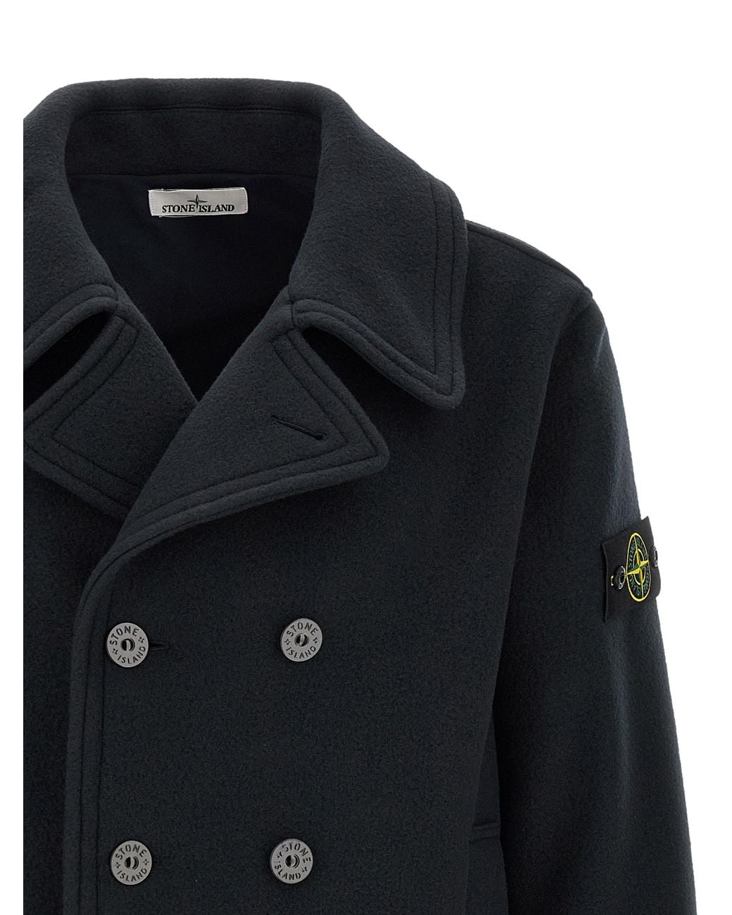 Stone Island Blue Double-Breasted Coat With Logo Badge for men