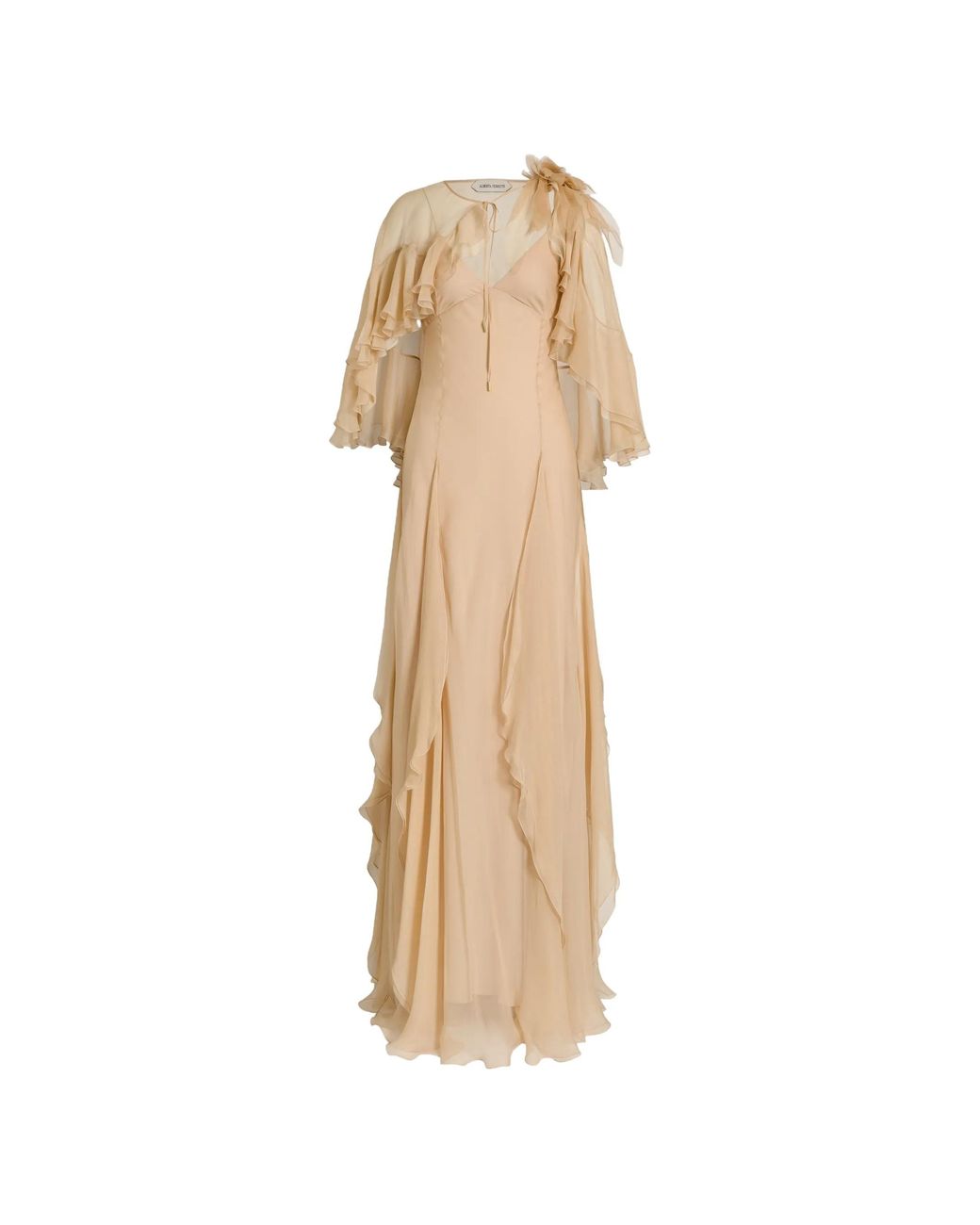 Alberta Ferretti Natural Flowing Maxi Dress With Sheer Overlay And Ruffled Edges