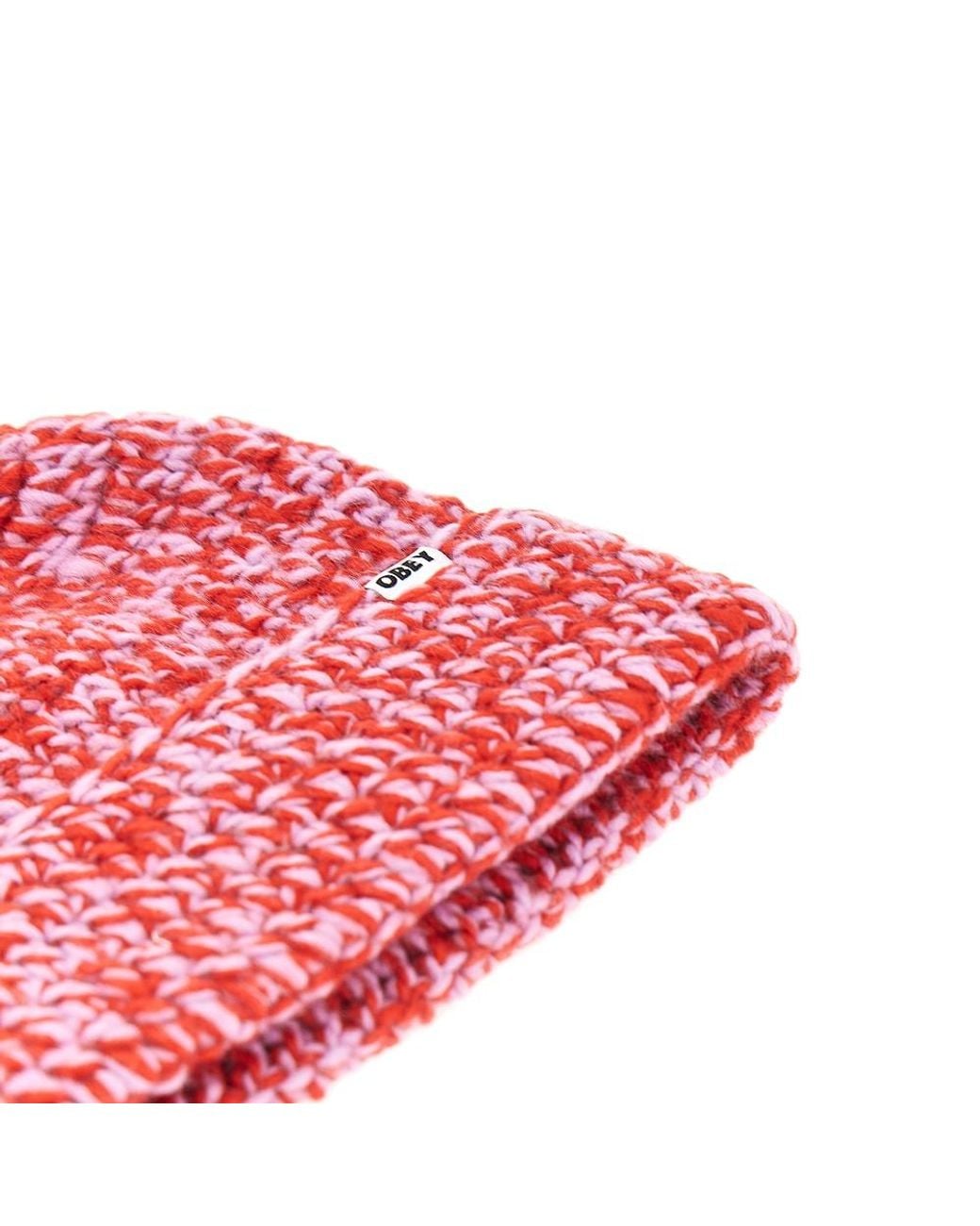 Obey Red Desmond Crochet Beanie Hat for men