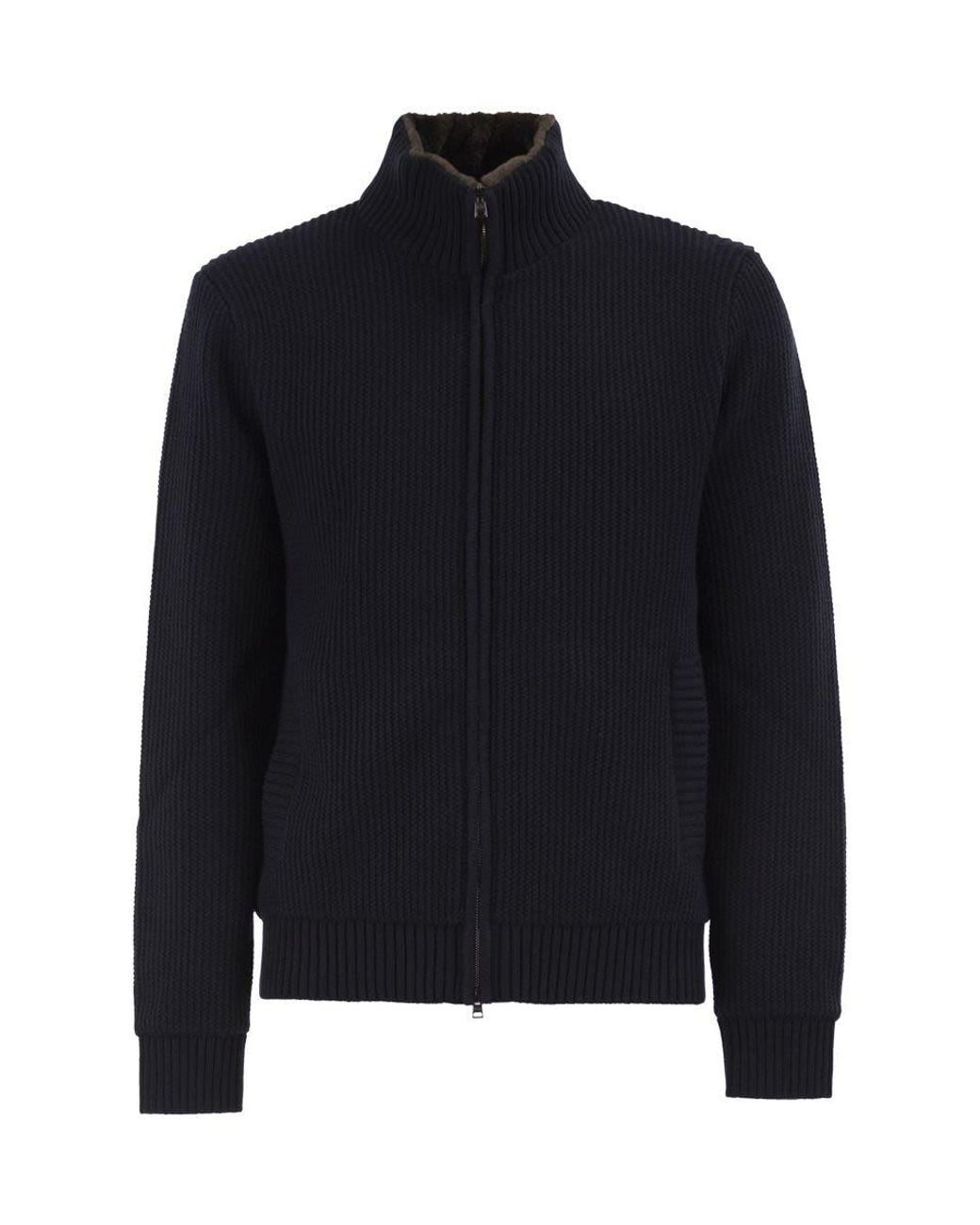 Herno Blue Pure Wool Knit Jacket With High Collar And Faux Fur Lining for men