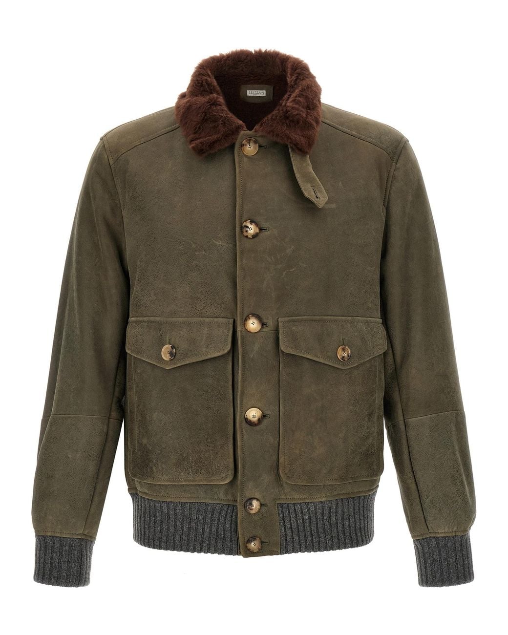 Brunello Cucinelli Green Waxed Shearling Bomber Jacket for men