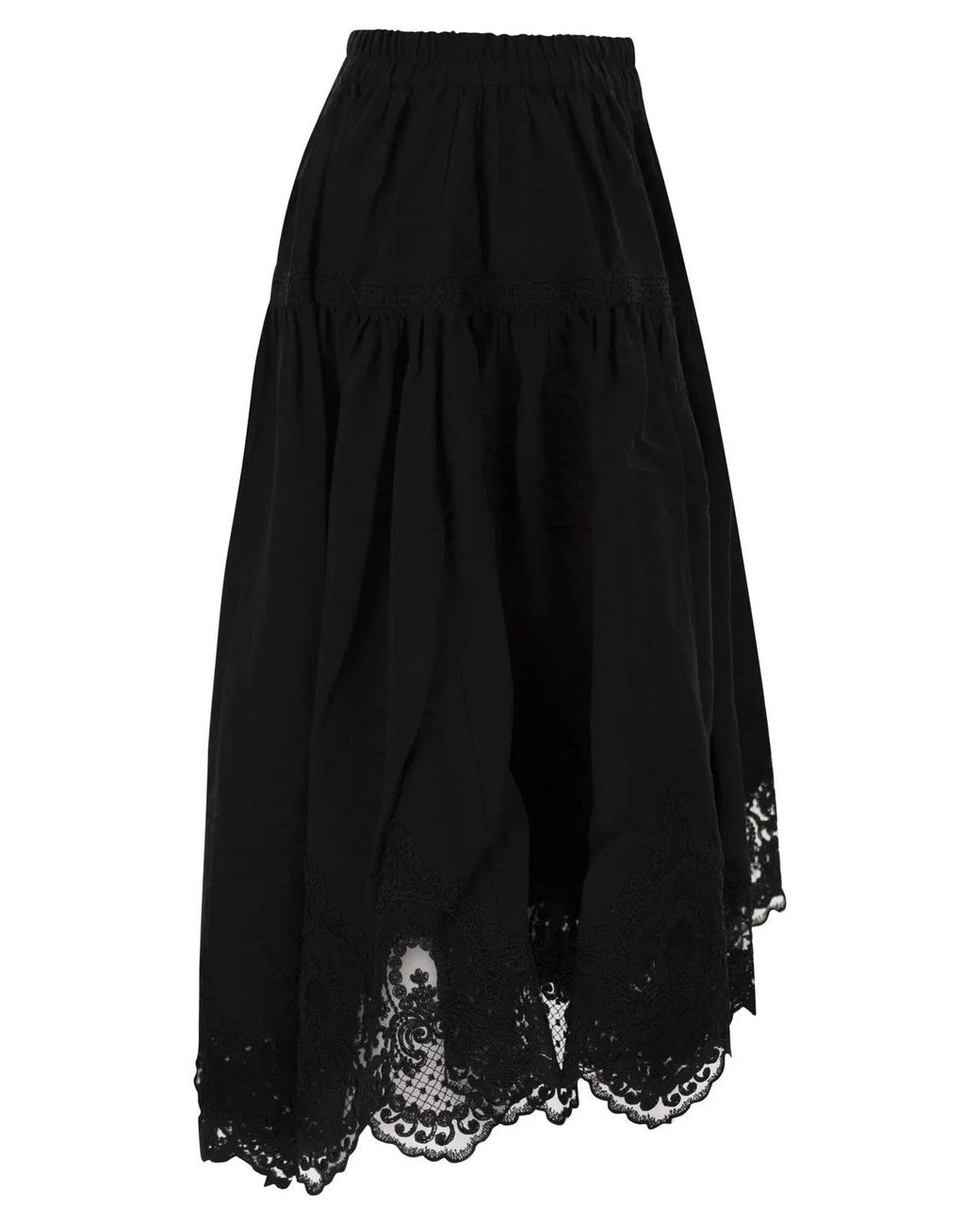 Maurizio Mykonos Black Linen And Rayon Midi Skirt With Embroidered Hem