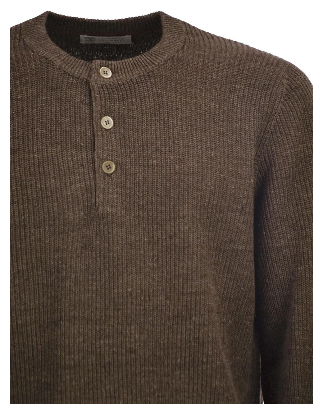 Brunello Cucinelli Brown Cotton And Linen Half-Ribbed Crew Neck Jumper for men