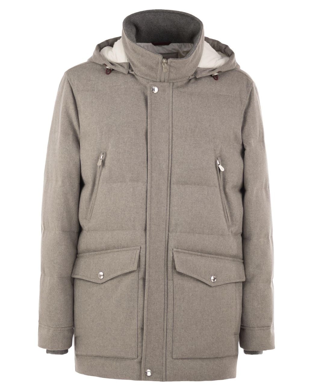 Brunello Cucinelli Gray Wool Down Jacket With Detachable Hood for men