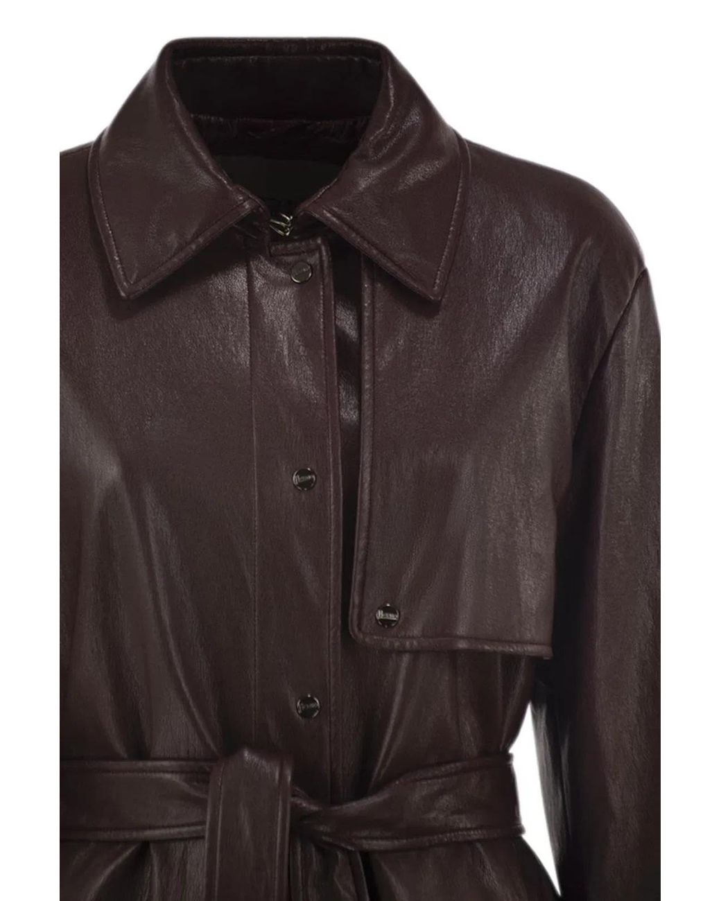 Herno Brown Long Belted Leather-Effect Coat