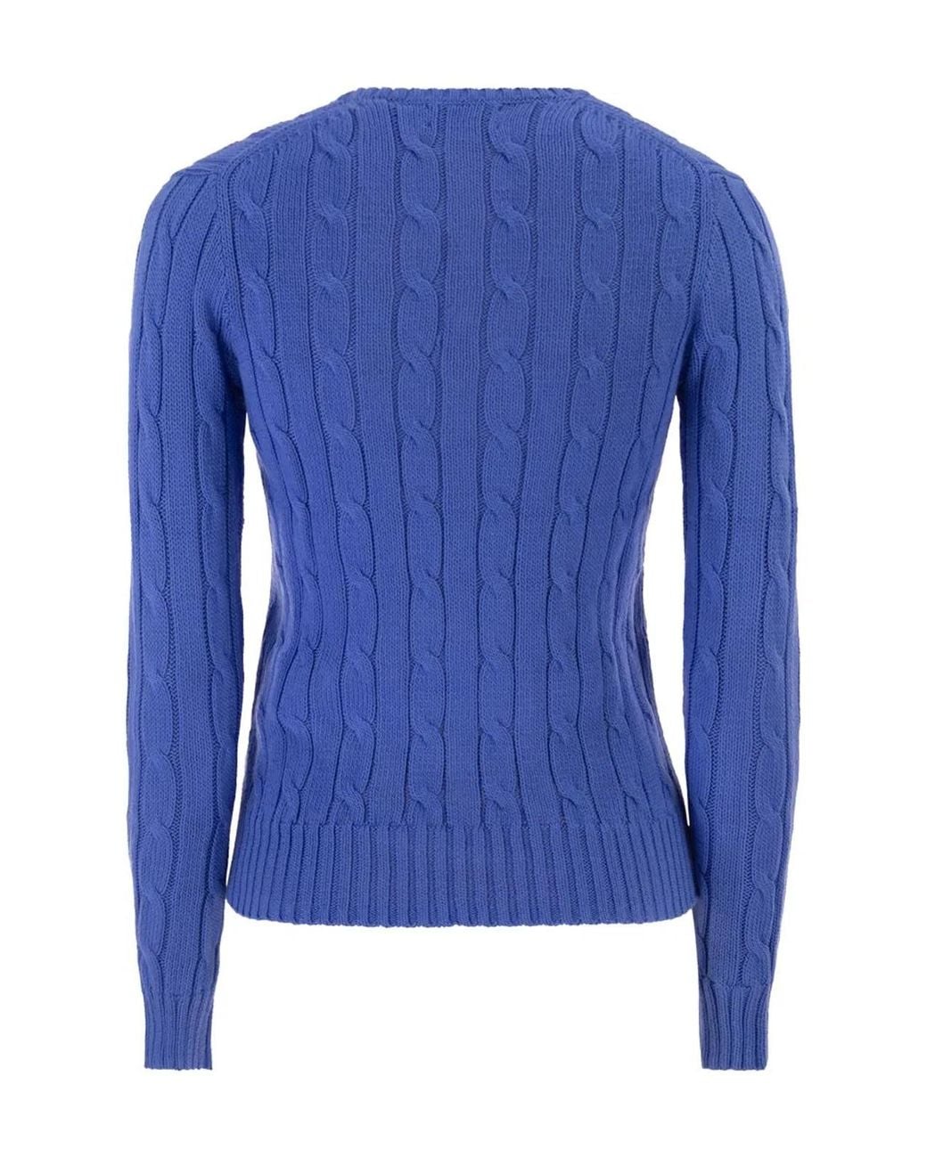 Polo Ralph Lauren Blue Cotton Cable Knit Jumper With V-Neck