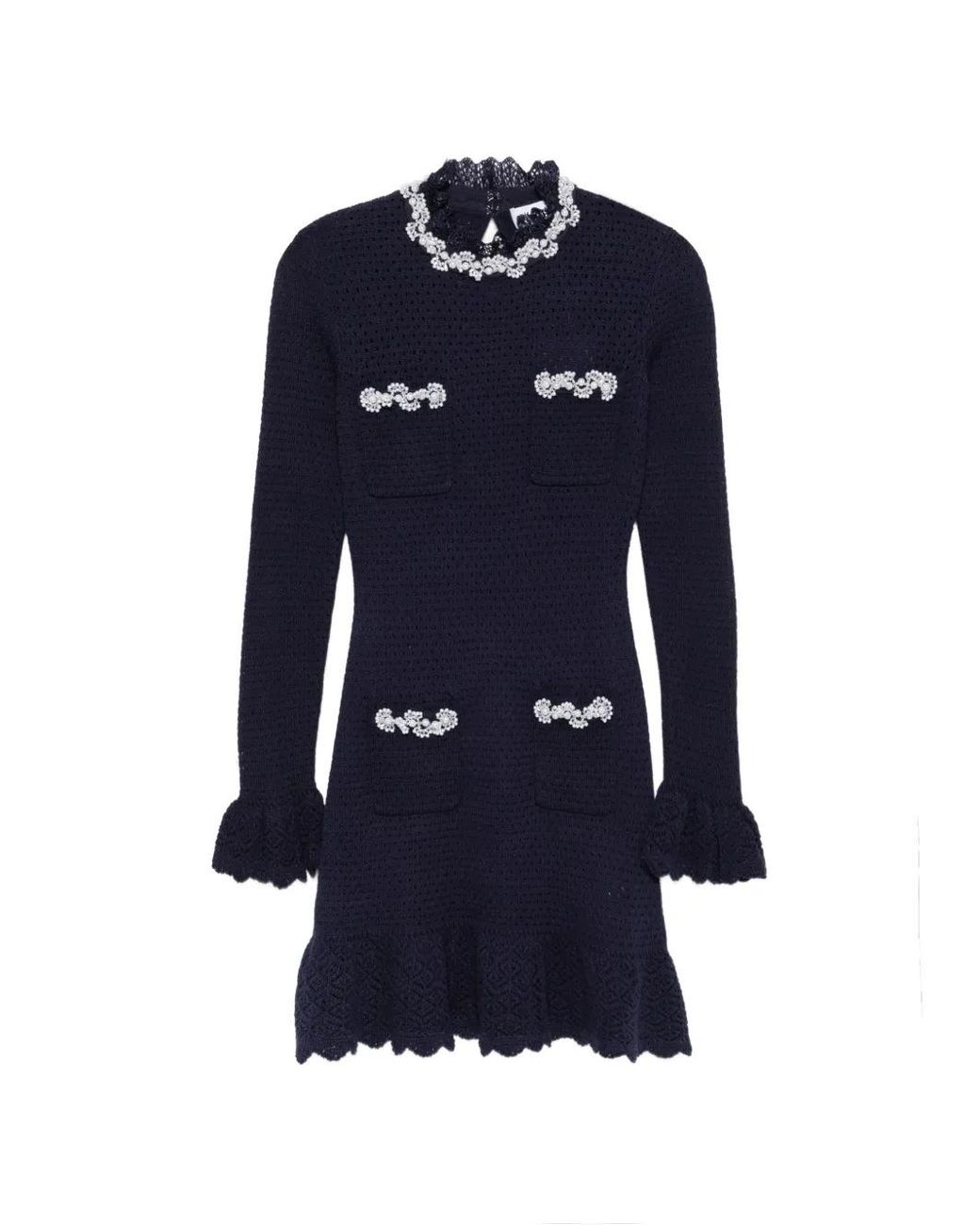 Self-Portrait Blue Pearl Trim Knit Mini Dress
