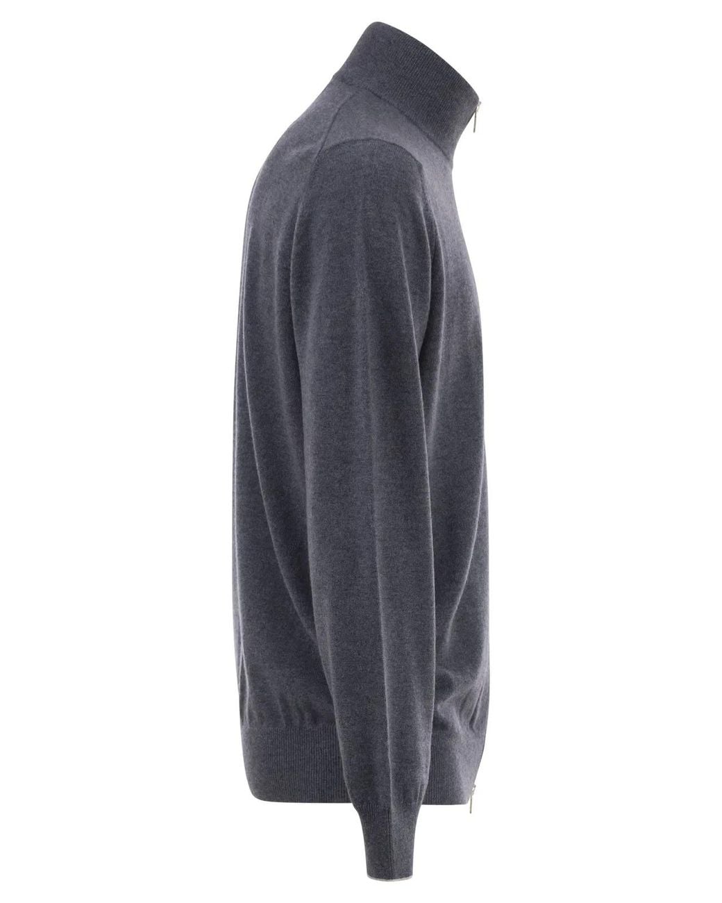 Brunello Cucinelli Blue High-Necked Cashmere Cardigan With Zip for men