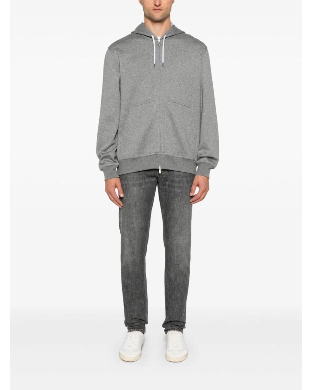 Brunello Cucinelli Gray Melange Cotton-Blend Zip-Up Hoodie Featuring Cashmere, Silk, And Kangaroo Pockets for men