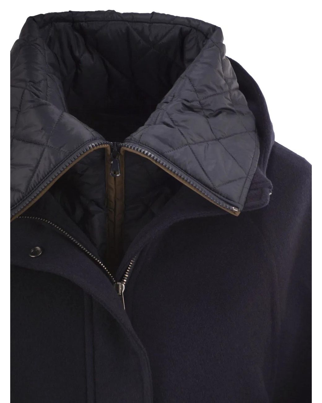 Brunello Cucinelli Blue Wool And Cashmere Hooded Jacket With Detachable Quilted Bib