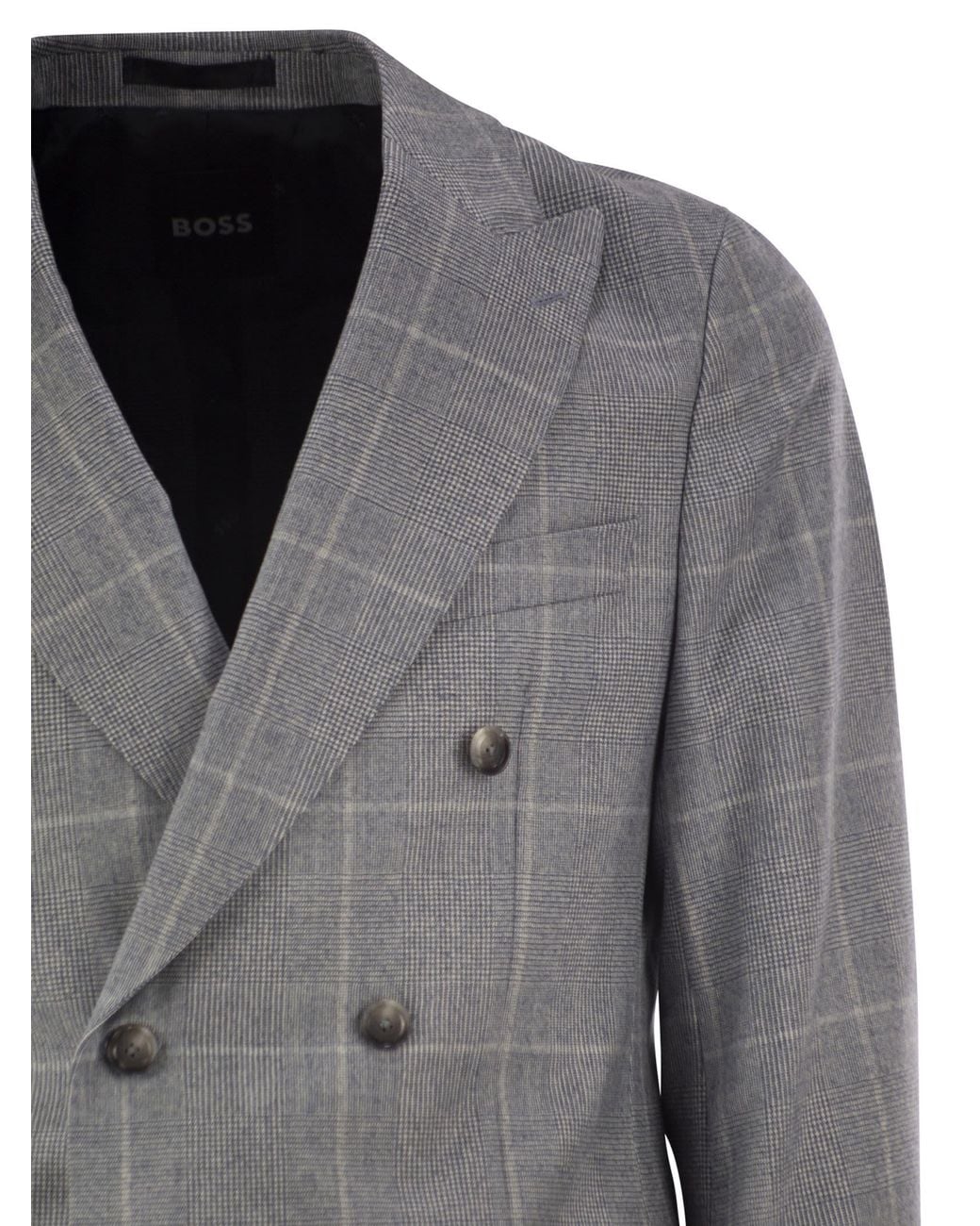 Boss Gray Virgin Wool Double-Breasted Suit With Check Pattern for men