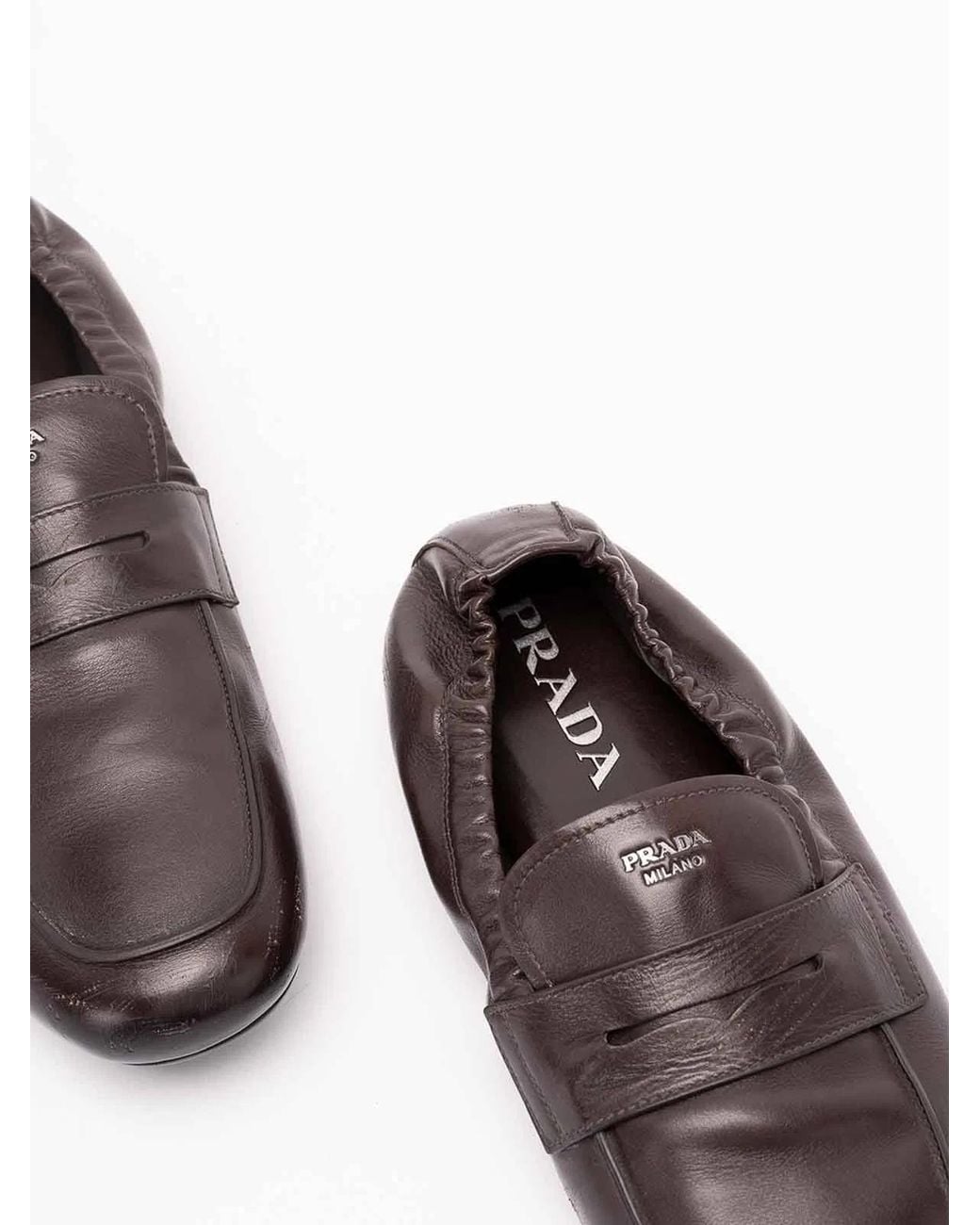 Prada Brown Shuffle Antiqued Leather Loafers for men