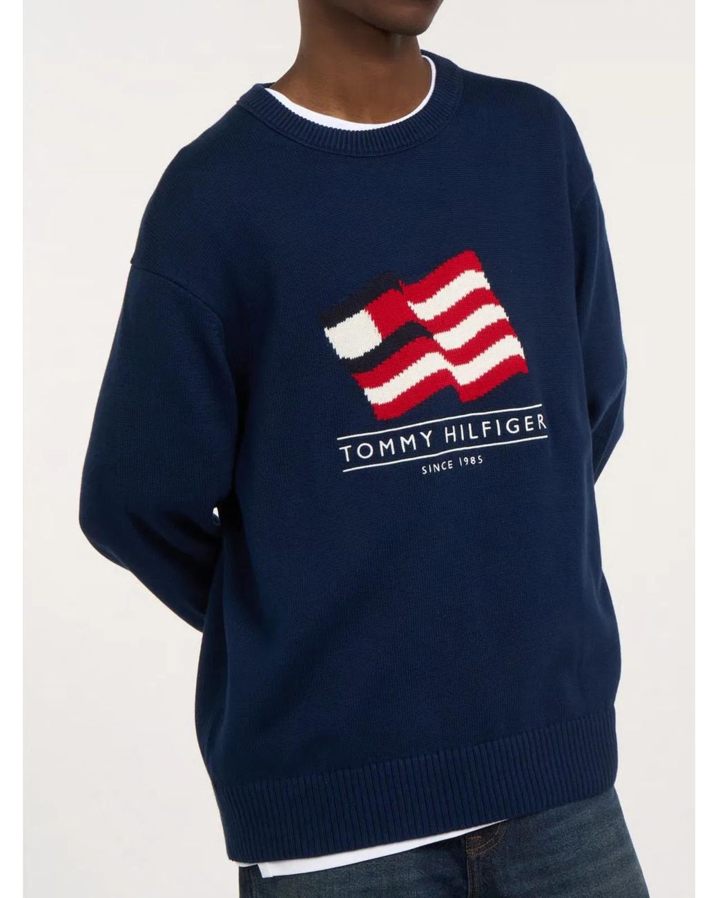 Tommy Hilfiger Blue Classic Fit Crew Neck Sweater With Bold Graphic Design for men