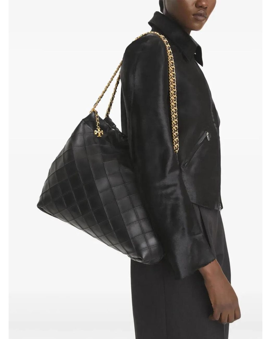 Tory Burch Black Fleming Quilted Lambskin Leather Shoulder Bag With Logo