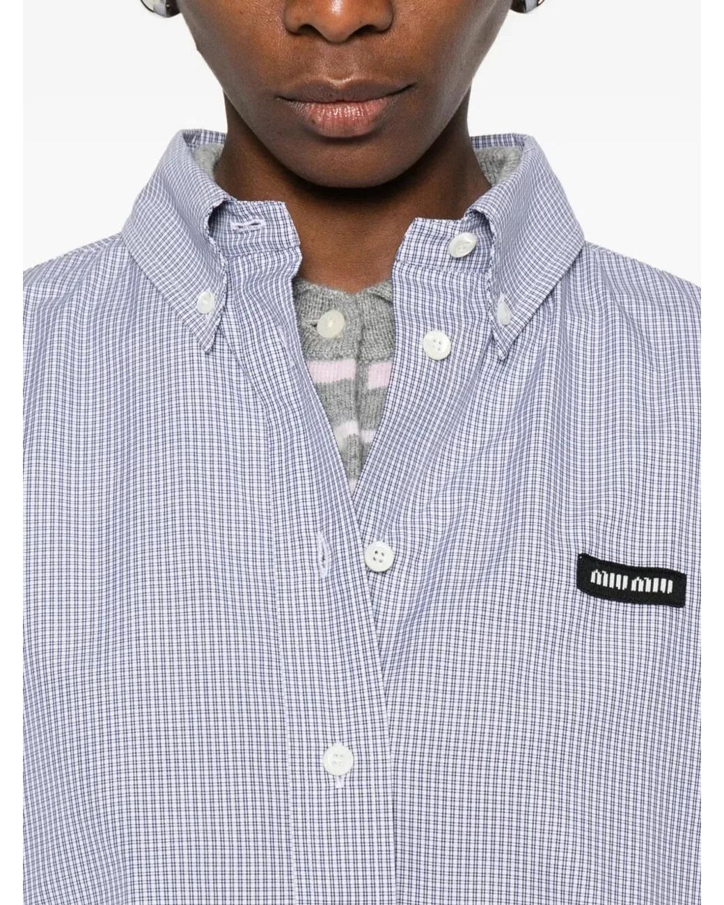 Miu Miu Blue Check Pattern Cropped Poplin Shirt