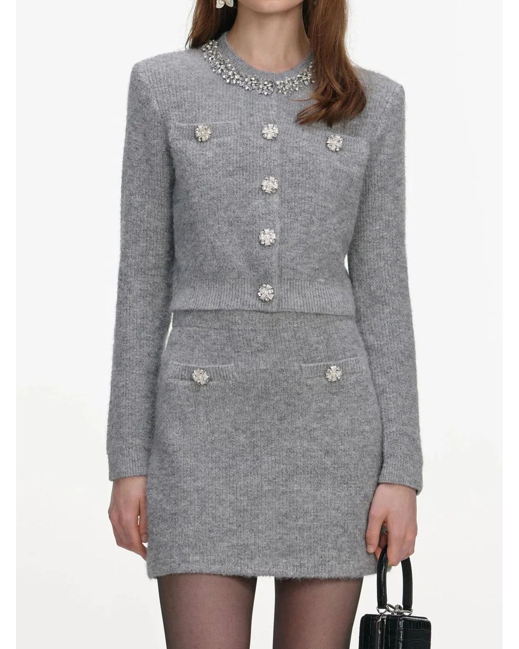 Self-Portrait Gray Fluffy Knit Mini Skirt