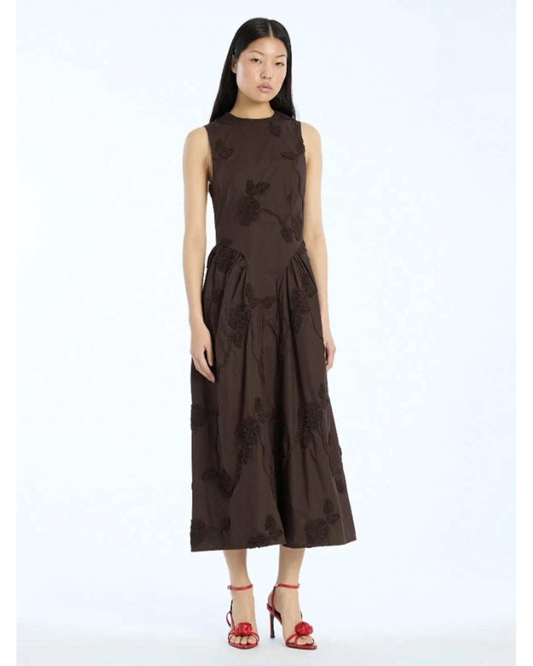 ROTATE BIRGER CHRISTENSEN Brown Flower-Detail Midi Dress