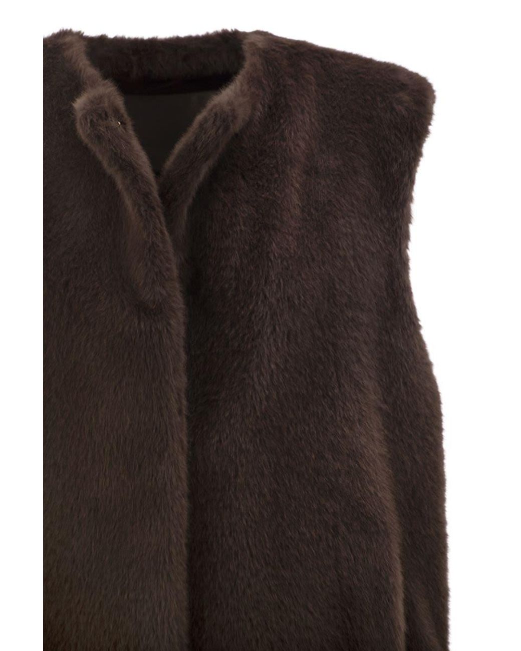 Herno Black Long Faux Fur-Effect Gilet With Round Neckline