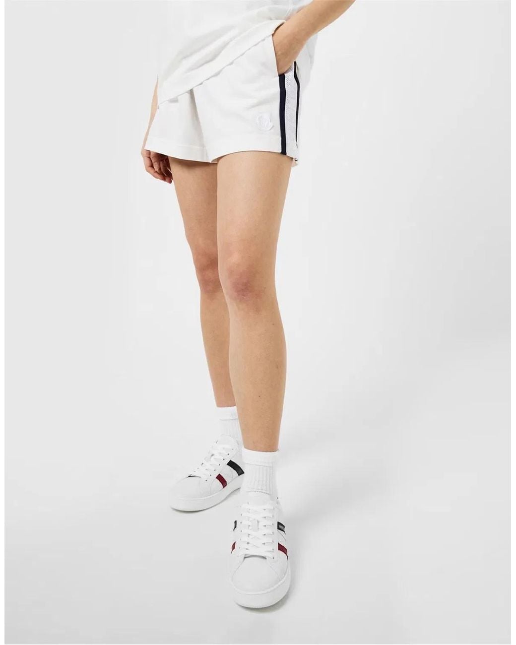 Moncler White Stripe Detail Logo Mini Shorts For