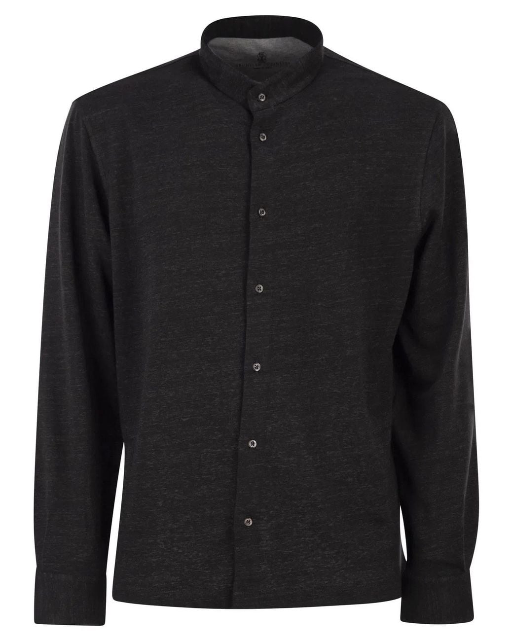 Brunello Cucinelli Black Linen And Cotton Shirt With Band Collar for men
