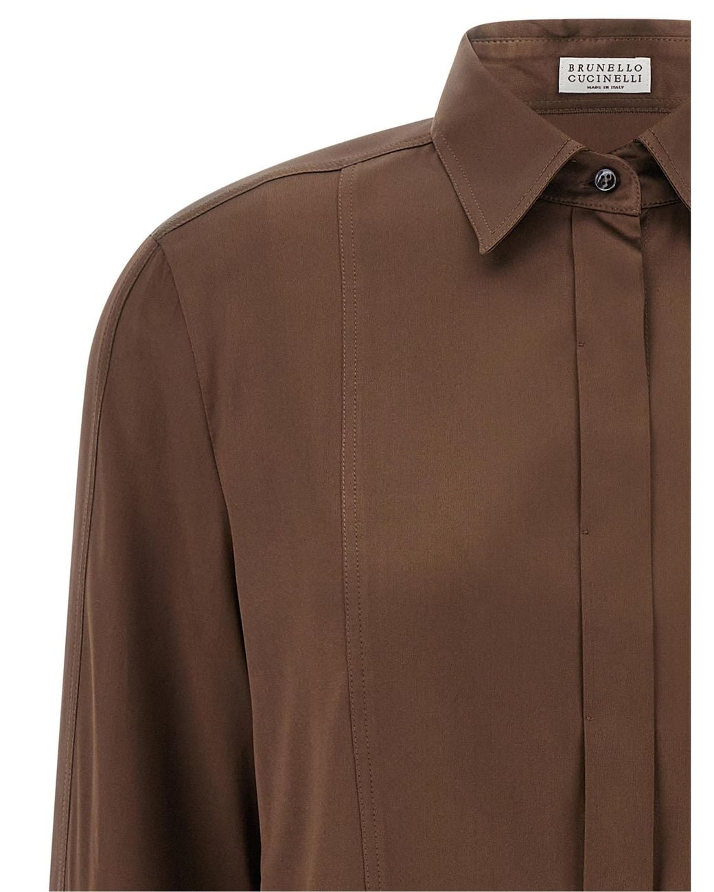 Brunello Cucinelli Brown Stretch Silk Satin Shirt