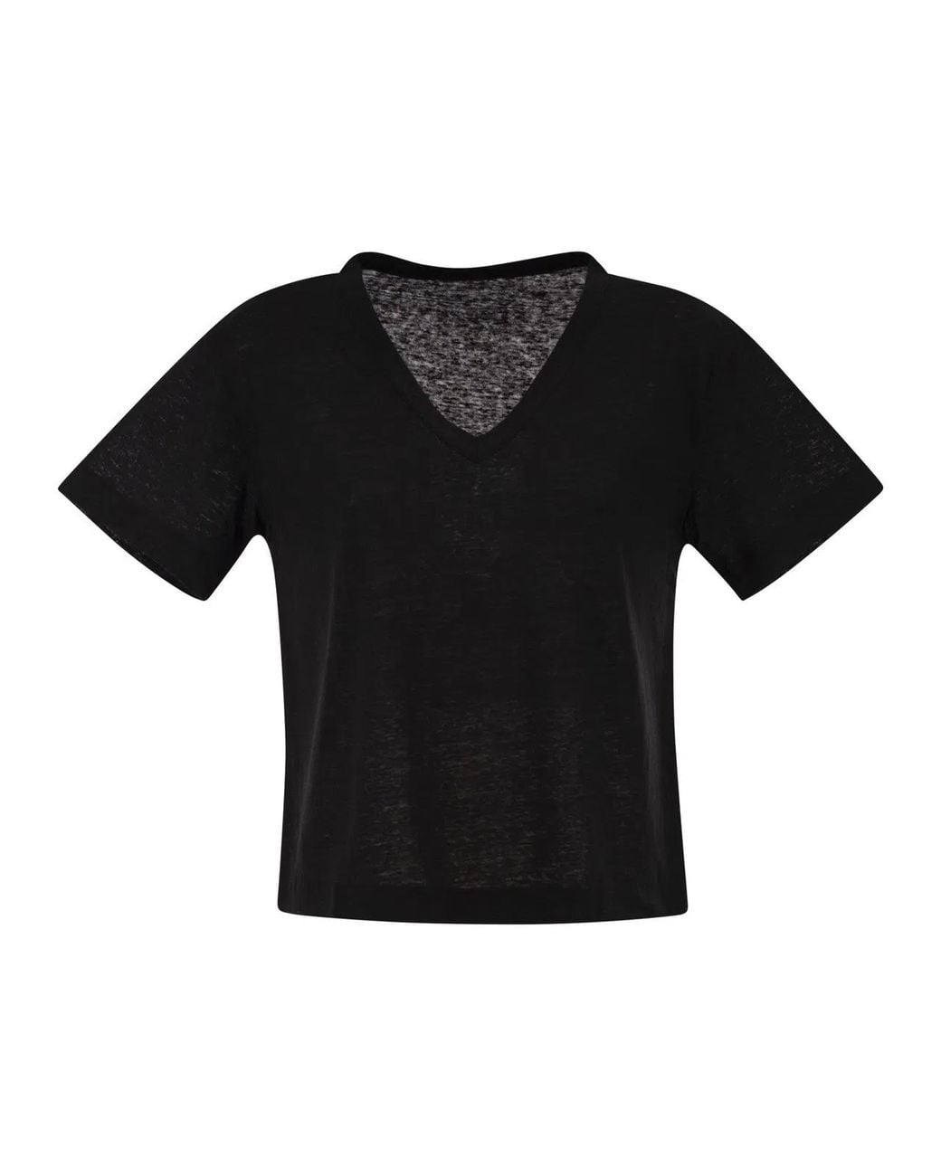Majestic Black Stretch Linen T-Shirt With V-Neck