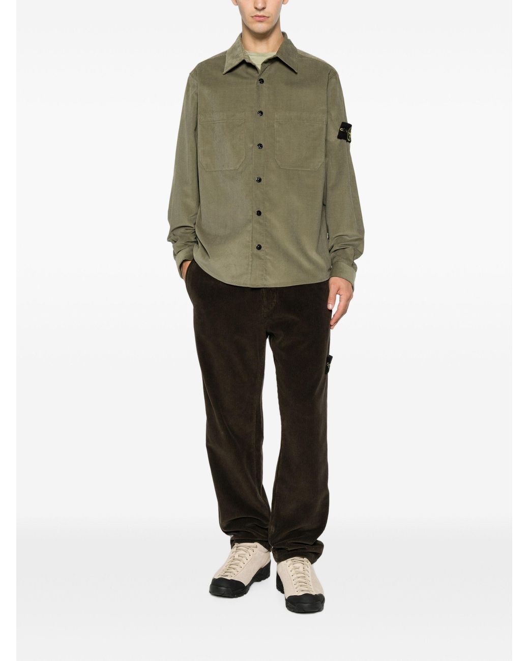 Stone Island Green Corduroy-Texture Logo-Patch Shirt for men