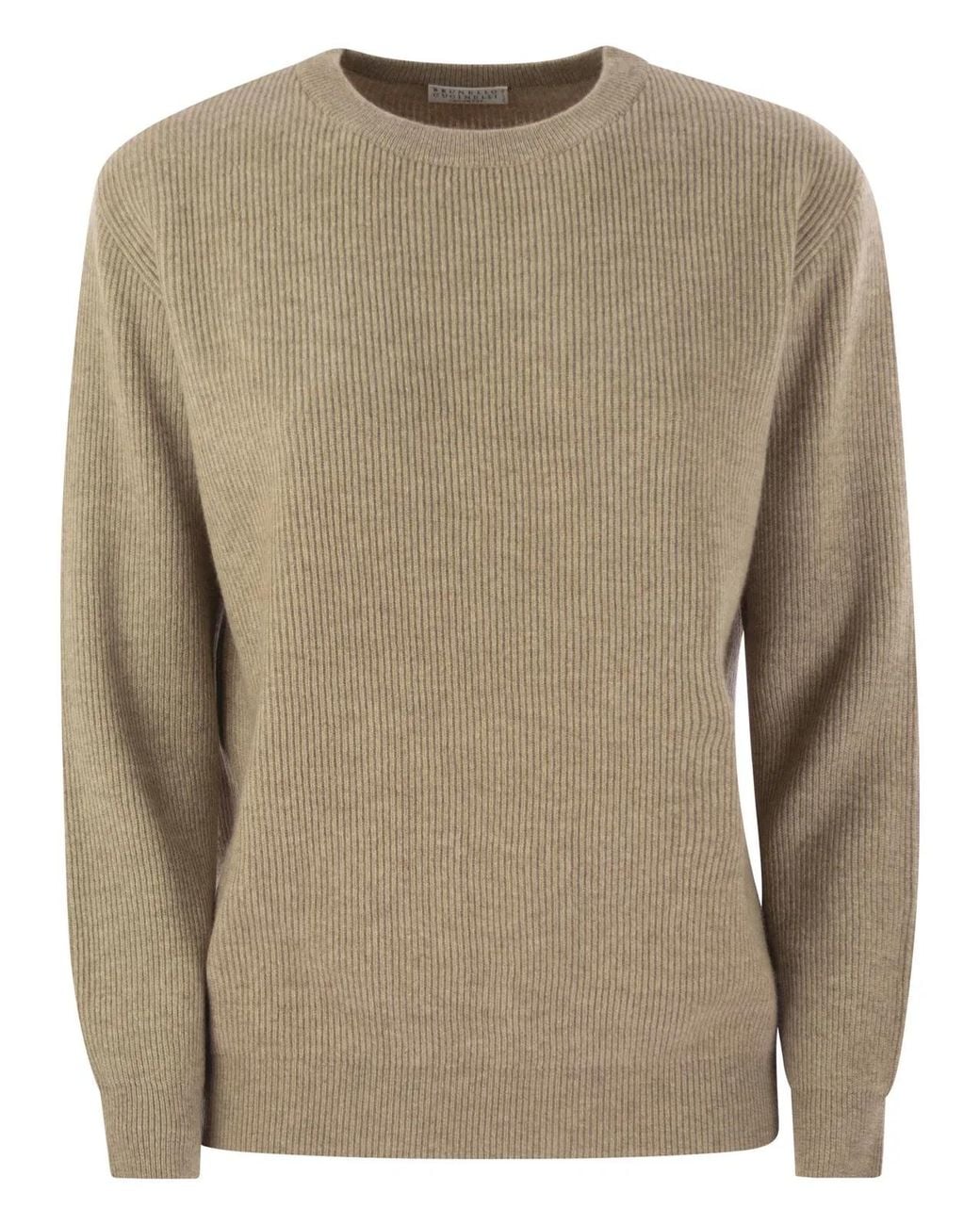 Brunello Cucinelli Natural English Rib Cashmere Sweater With Monile