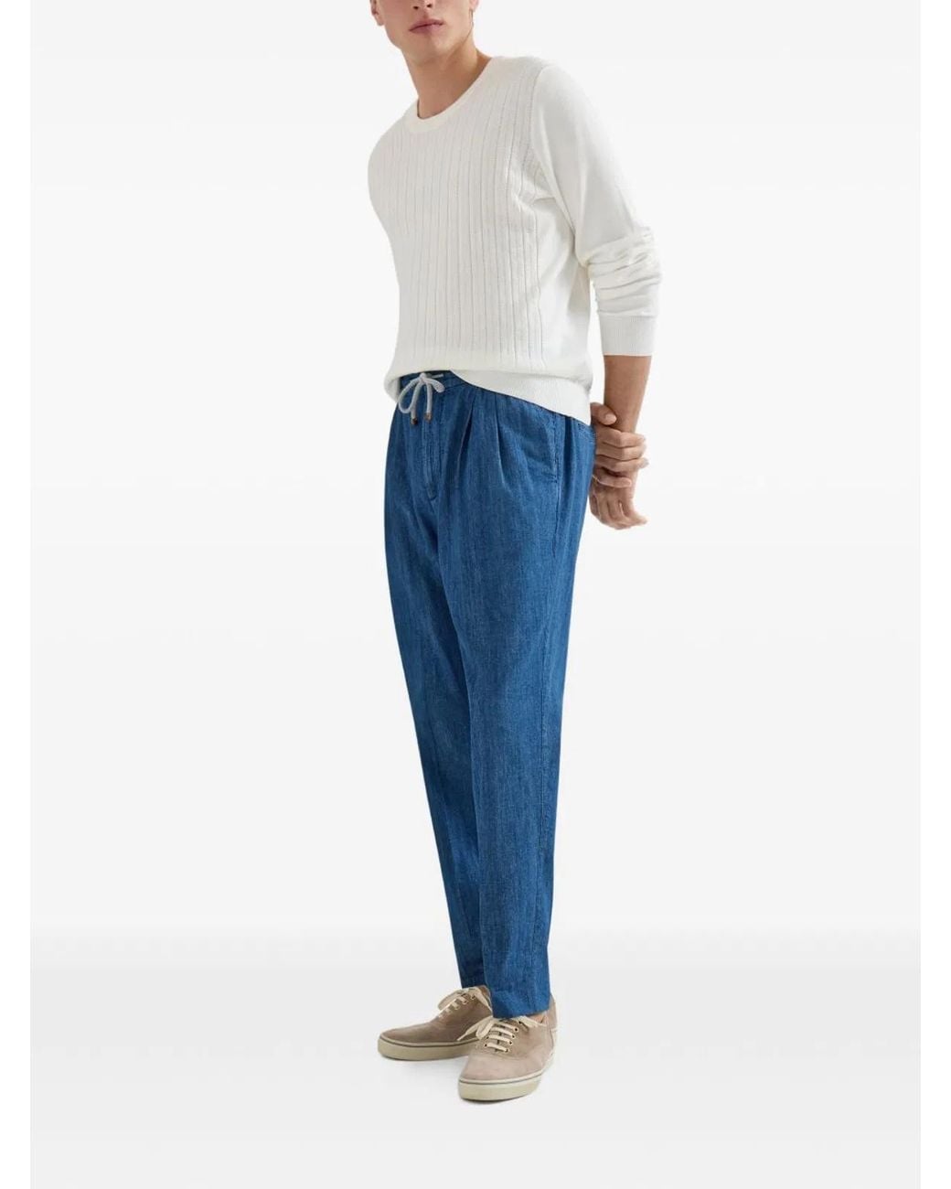Brunello Cucinelli Blue Lightweight Denim Trousers With Drawstring And Double Pleats for men