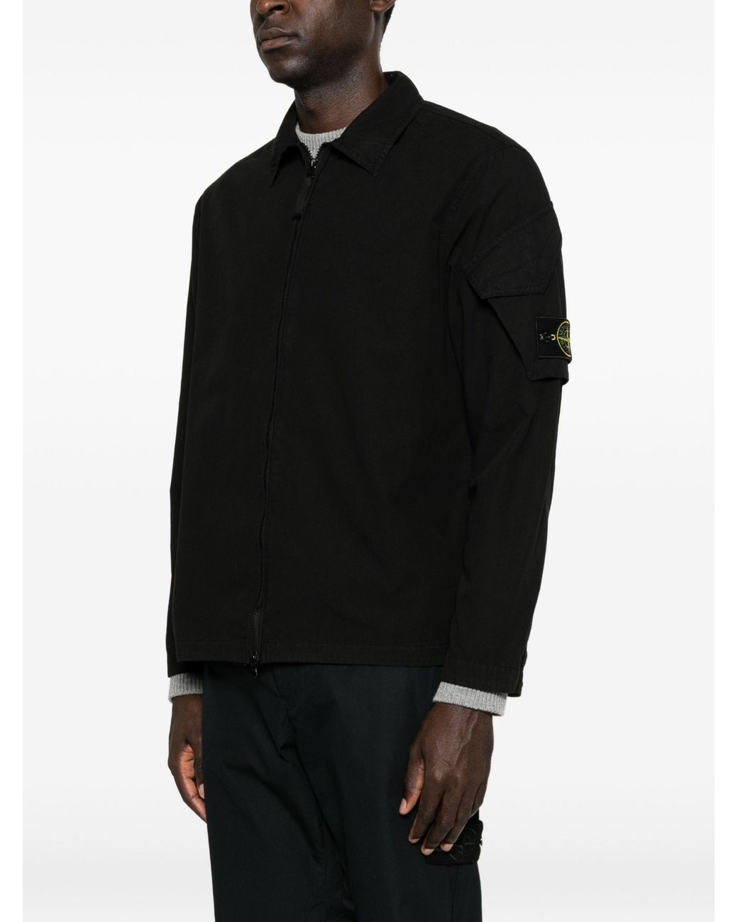 Stone Island Black Logo-Patch Zip-Up Shirt for men