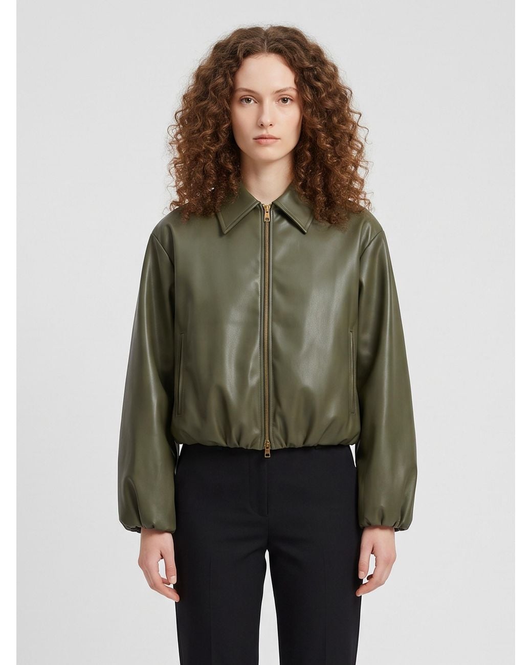 SUTTON NEW YORK Green Military Faux Leather Cropped Bomber
