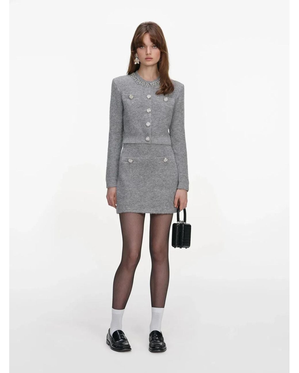 Self-Portrait Gray Fluffy Knit Mini Skirt