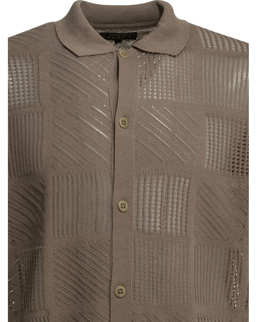 Beams Plus Brown Cotton Nylon Spandex Textured Knit Button-Down Polo Shirt for men