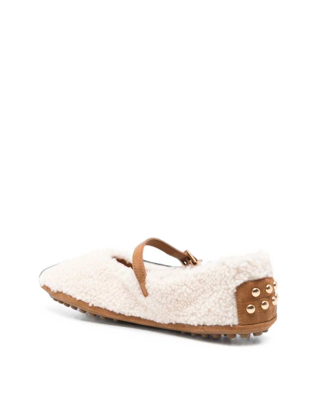 Tod's White Buckle-Strap Shearling Ballet Flats