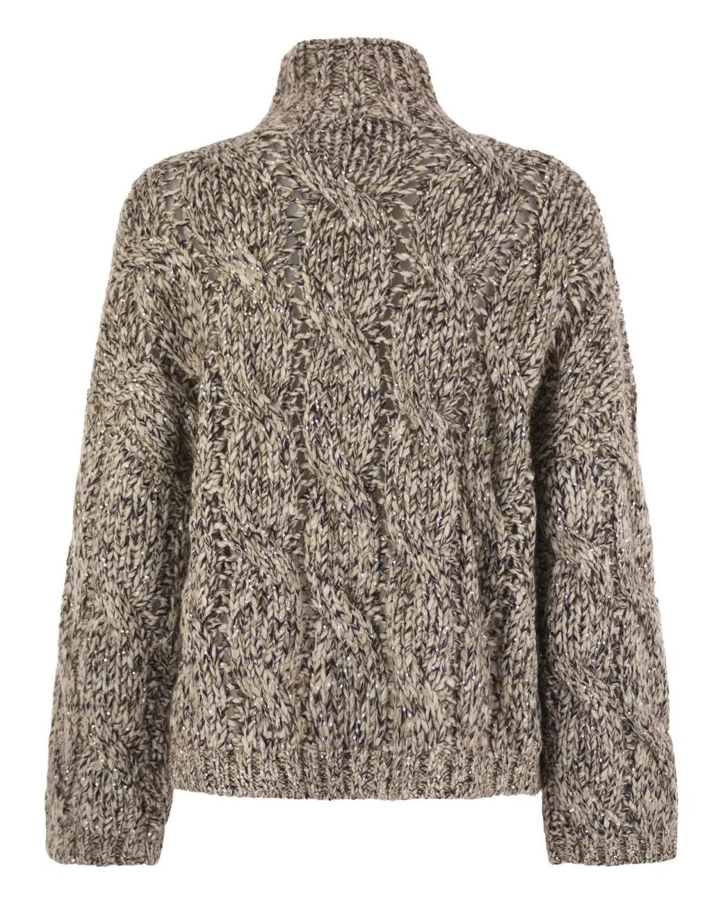 Brunello Cucinelli Brown Soft Wool, Cashmere And Mohair Turtleneck Sweater With Braided Design