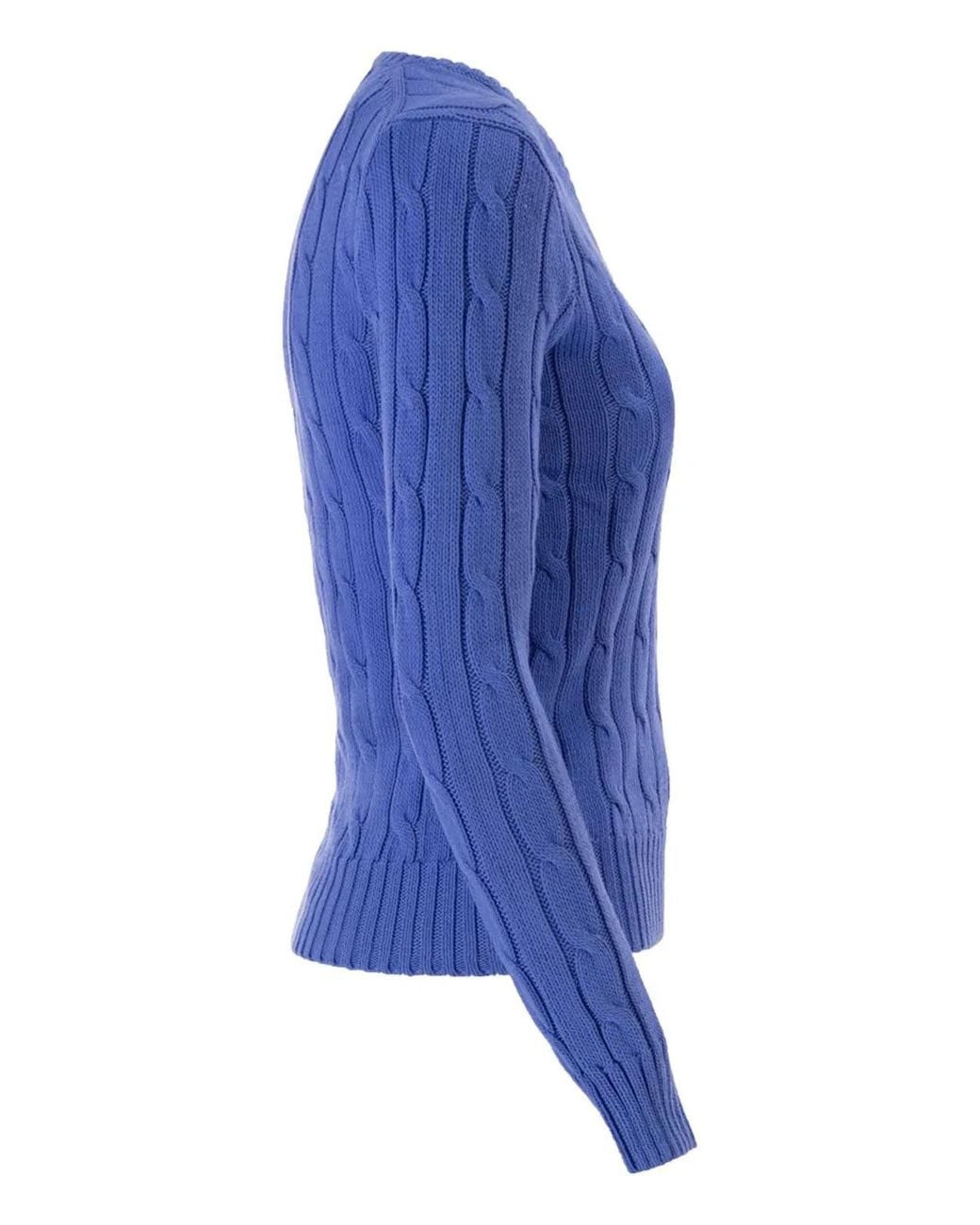 Polo Ralph Lauren Blue Cotton Cable Knit Jumper With V-Neck