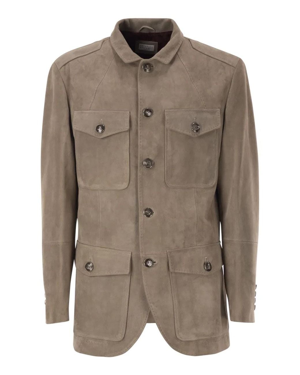 Brunello Cucinelli Brown Suede Leather Safari Jacket With Patch Pockets for men