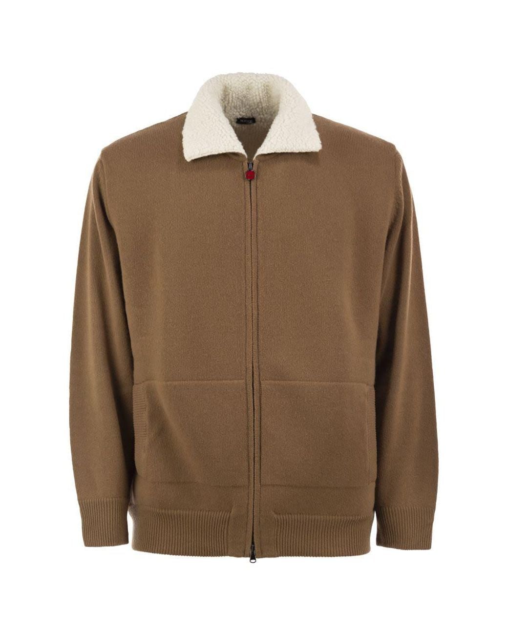 Kiton Brown Wool And Cashmere Cardigan With Shearling-Effect Collar for men