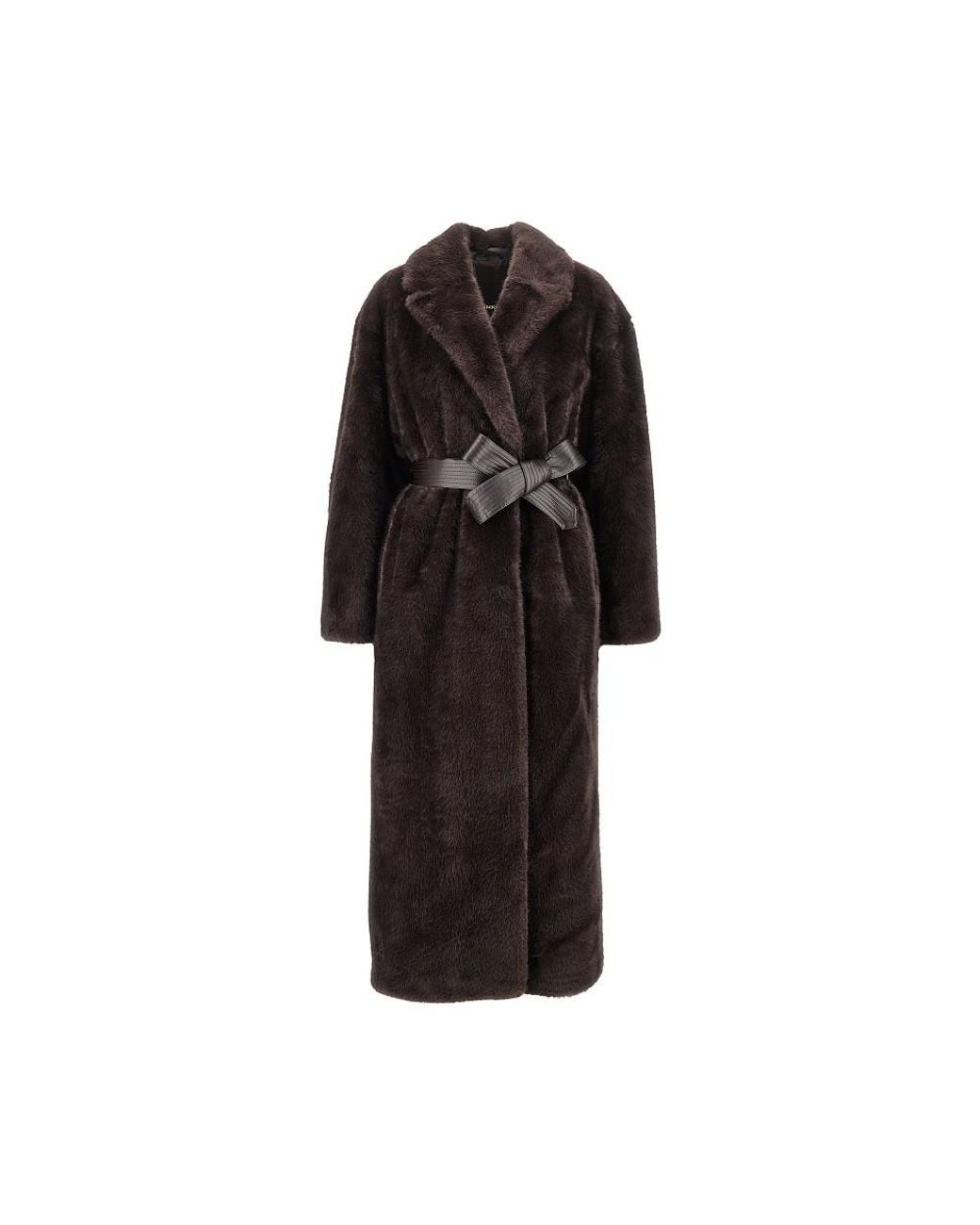 Pinko Black Faux Fur Long Coat With Belt