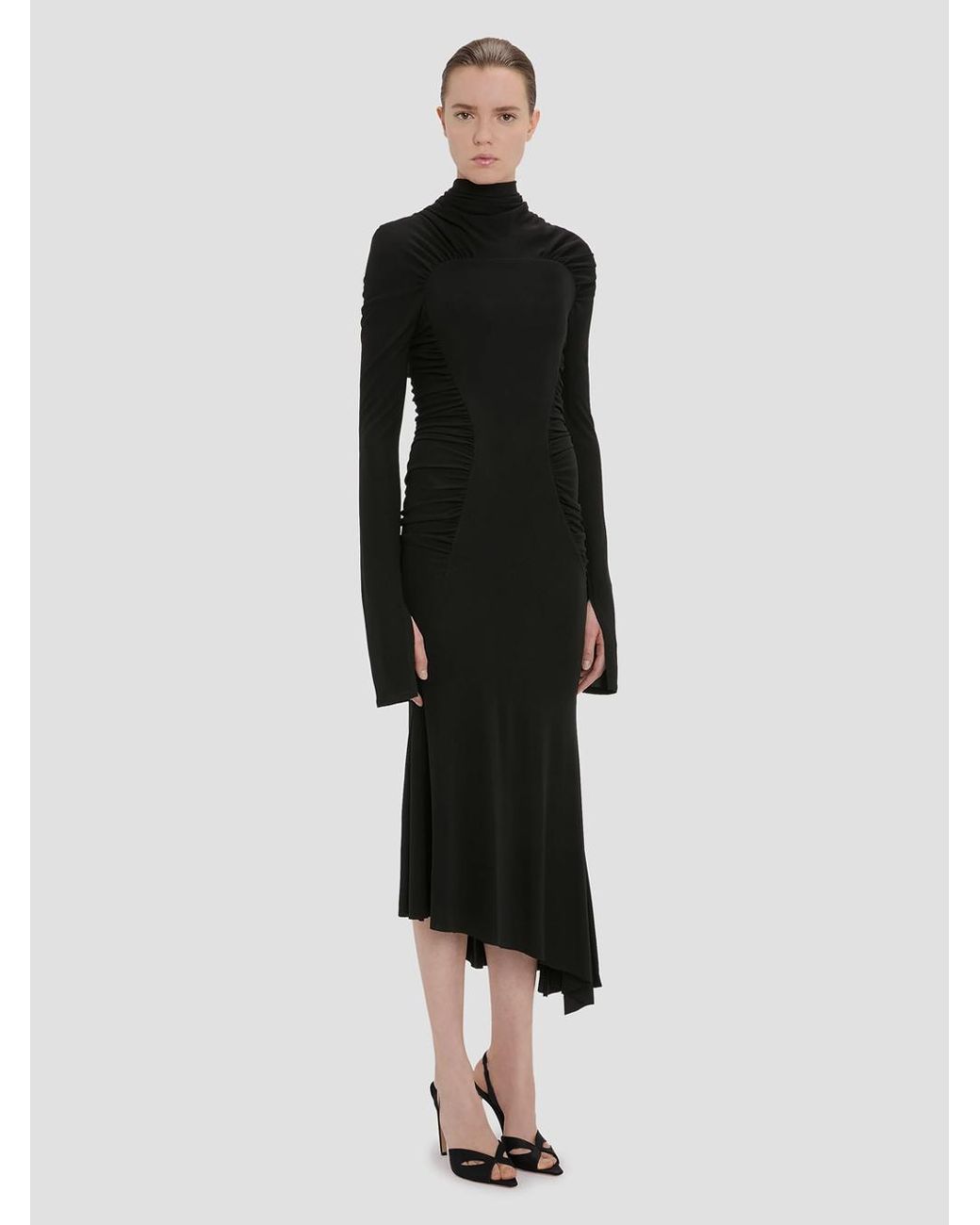 Victoria Beckham Black Crepe Jersey Gathered Midi Dress