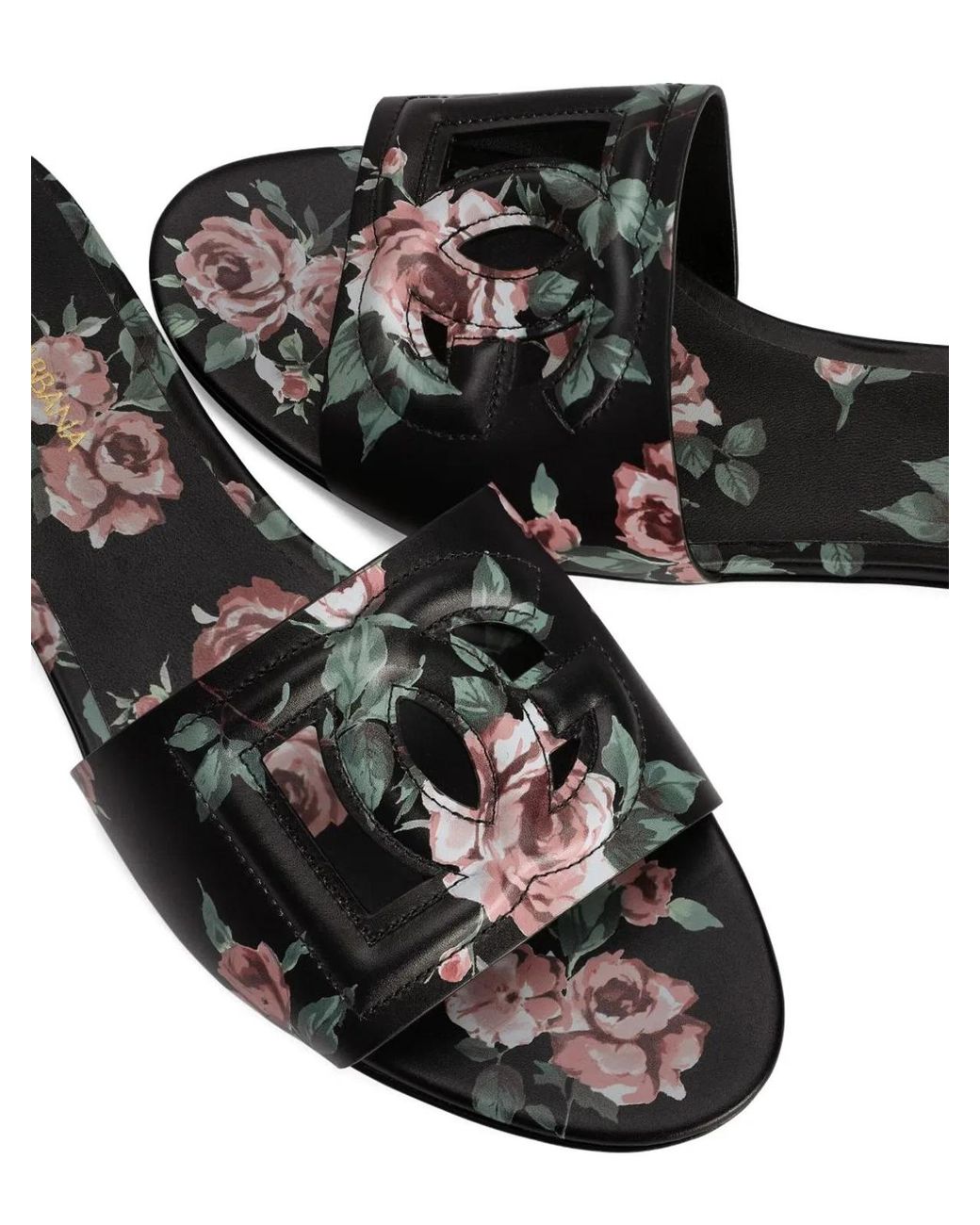 Dolce & Gabbana White Dolce & Gabbana Calfskin Flat Slippers With Rose Print