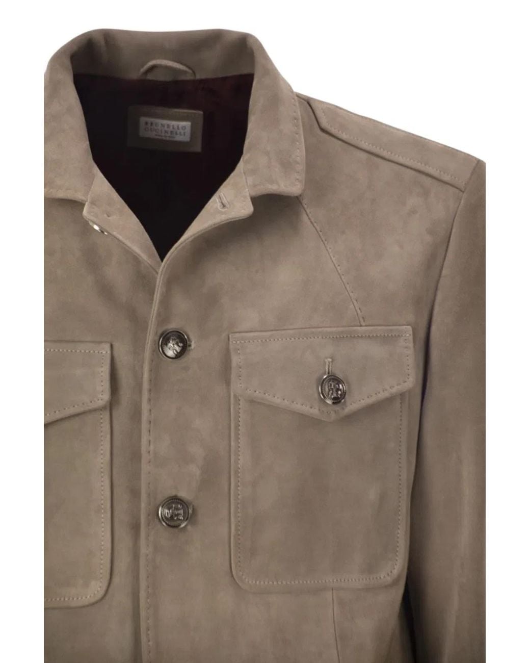Brunello Cucinelli Brown Suede Leather Safari Jacket With Patch Pockets for men