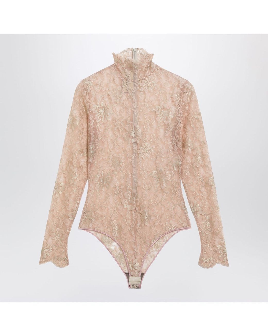 Valentino Natural Nude Semi-Sheer Floral Lace Bodysuit
